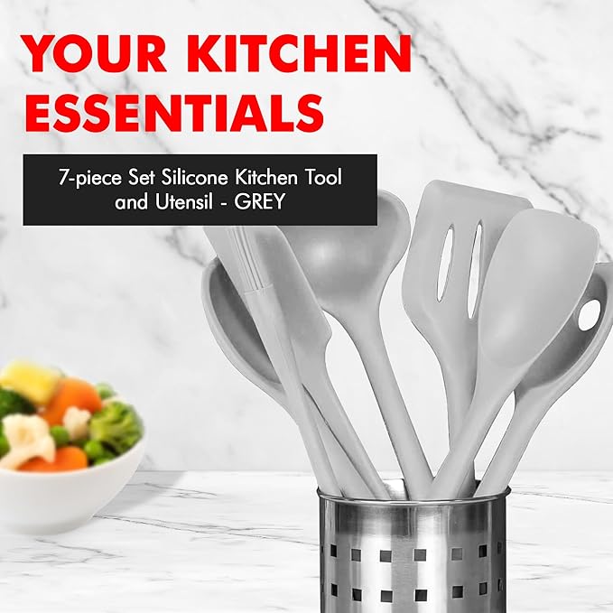Chef Craft - Premium Silicone Kitchen Tools and Utensils Set, Non-Scratch, Withstands Temperatures up to 450째F, BPA-Free, 7 Piece Cooking Utensils Set, Gray