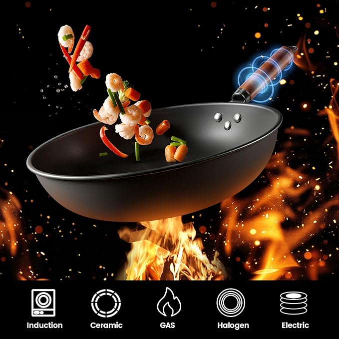 1700W Wok Induction Cooktop with 13.4??Nitride Carbon Steel Wok Round-Bottom & Flat-Pan Compatible, Electric Stir-Fry Wok Set for Home & Restaurant, No-Coating, Even Heating