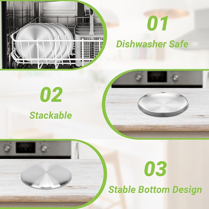 8 Stainless Steel Plates, 7.8 inch Small 201 Metal Camping Plate, Reusable Food Serving Dish Snack Eating Dishes Round Shatterproof Brushed Finish Silver Dish for Dinner Oven Dishwasher Safe