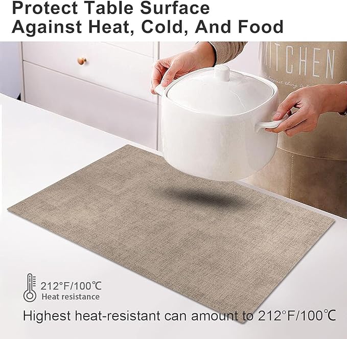 LANDVIEW Leather Heat Resistant Placemats Set of 6 Waterproof Wipeable Washable PU Table Mats,Easy to Clean Anti-Slip Place Mats (Light Brown, 6)