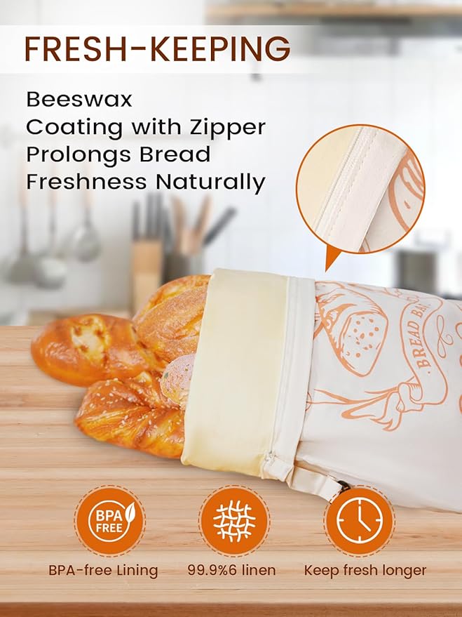 2 Pack Beeswax Bread Bags with Zipper, XL(13x17in) Sourdough Bread Storage for Homemade, Freezer Storage Bag to Keep Fresh, Cotton Beeswax Container, Baguette Bag with Liner, Kitchen Baking Supplies