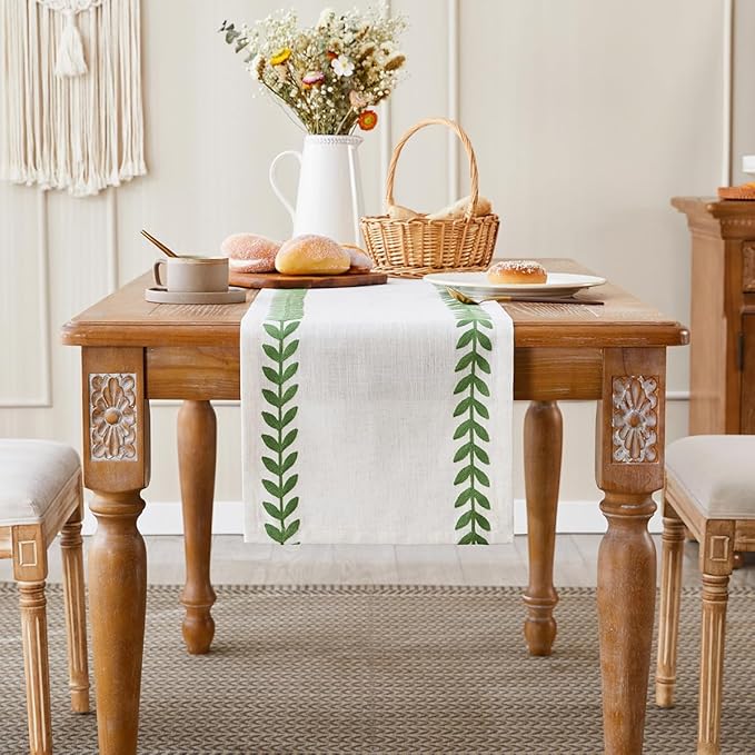 Wracra Embroidered Table Runner Irregular Willow Leaf Table Runners 36 Inches Long for Dresser Home Dining Table Decor,14 x 36 Inch, Green