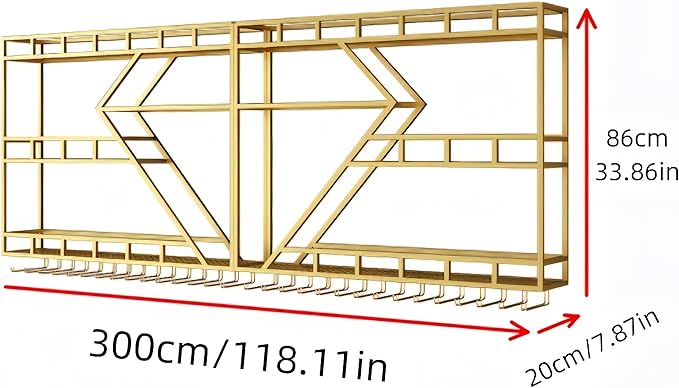 118 Inch Modern Wall Mounted Wine Rack with LED Light, Large Metal Bar Shelves for Liquor Bottles, Stylish Wall Wine Rack Storage Organizer for Dining Room & Home Bar(Gold-Yellow Led, 118in)