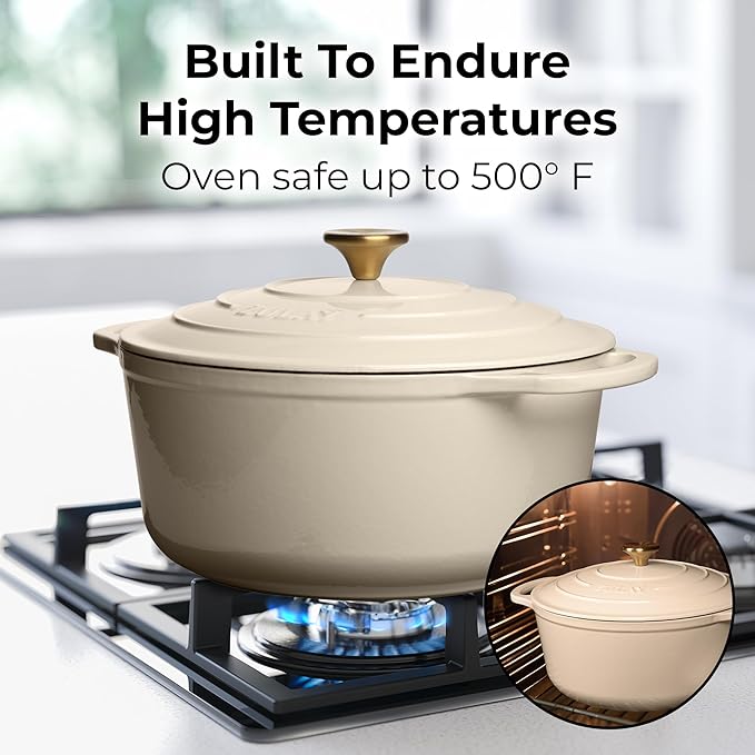 Zulay Kitchen 5 Quart Enameled Cast Iron Dutch Oven Pot with Lid ??Premium Durability & Oven Safe up to 500째F ??Heavy Duty Cookware Perfect for Bread Baking, Stews, Braising & Roasting ??Ivory
