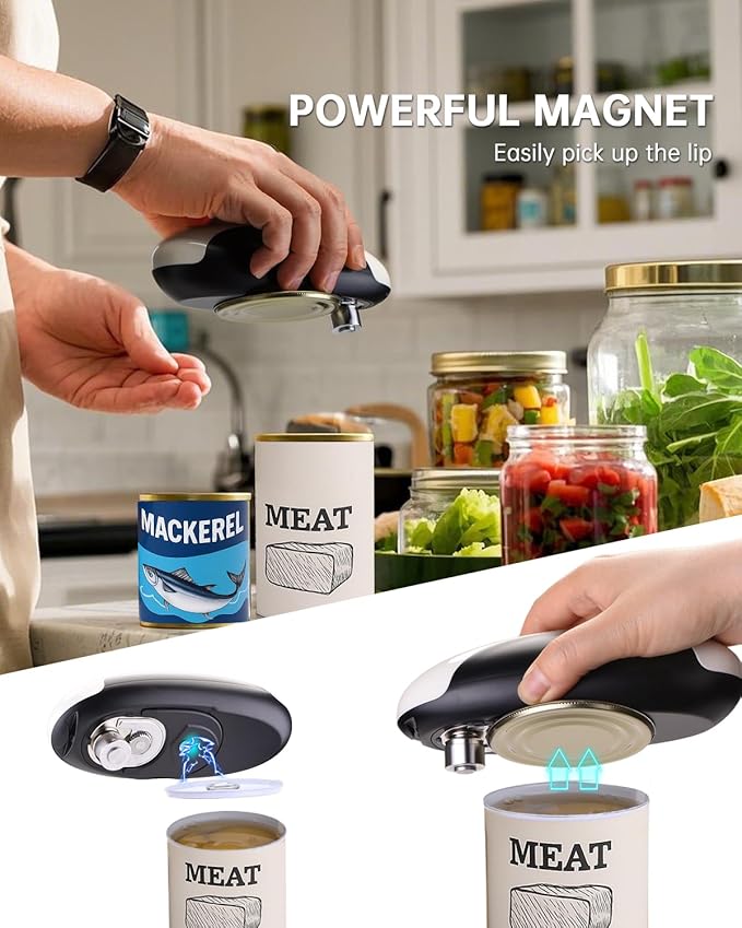 CIRCLE JOY Rechargeable Electric Can Opener, One-Touch Automatic Can Opening with Lid Remover & Smooth Edge Cutting, Food-Safe, Easy to Use for Seniors and Arthritis, Black White