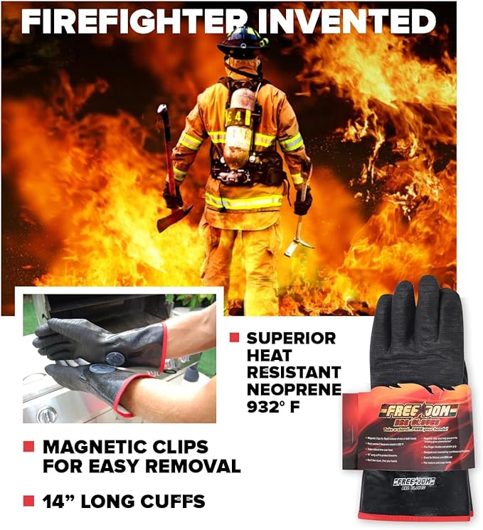 MagneCHEF Freedom BBQ Gloves ??932째F Extreme Heat Resistant Neoprene Grilling Gloves ??Patented Magnetic EZ On/Off Safety Clips ??Waterproof, 14??Long Cuff for Grills, Smokers, Fryers & Ovens