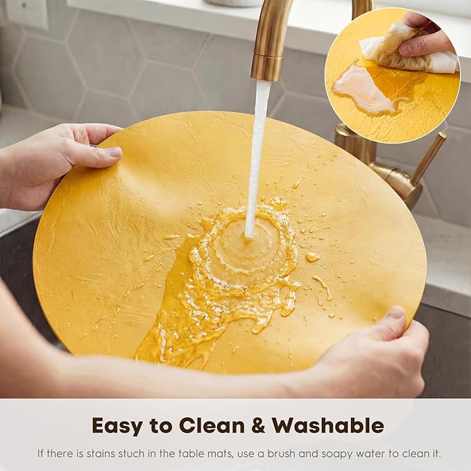 Artoid Mode Yellow Faux Leather Placemats Set of 6, 15 Inch Waterproof Wipeable Heat Resistant Place Mats, Reversible Table Mats for Summer Kitchen Dining Decor