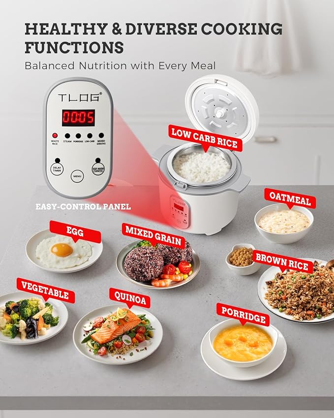 TLOG Low Carb Rice Cooker 2L(9 Cups Cooked), Low Sugar Healthy Rice Maker with 304 Stainless Steel Steamer Basket, 5 Cooking Presets, 24H Timer & Keep Warm Function