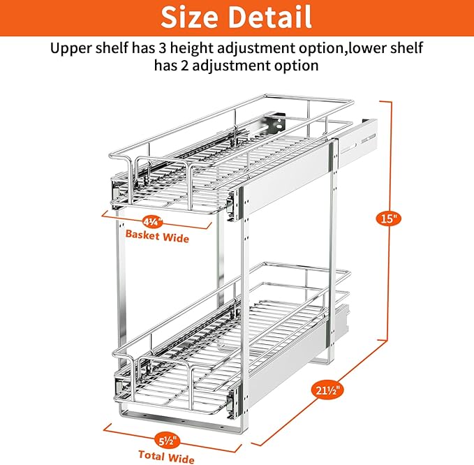 ROOMTEC Individual Pull Out Cabinet Organizer (5쩍"W x 21쩍"D), 2 Tier Spice Rack Organizer for Cabinet, Slide Out Drawer Pantry Shelf Organization and Storage for Kitchen Bathroom