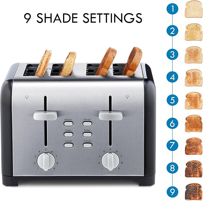 Kenmore Toaster 4 Slice - Extra Wide Slot Countertop Kitchen Appliance, Defrost Function, Grille-Pain, 9 Shade Settings, Easy Clean Crumb Tray, Bread Bagel, Stainless Steel Black