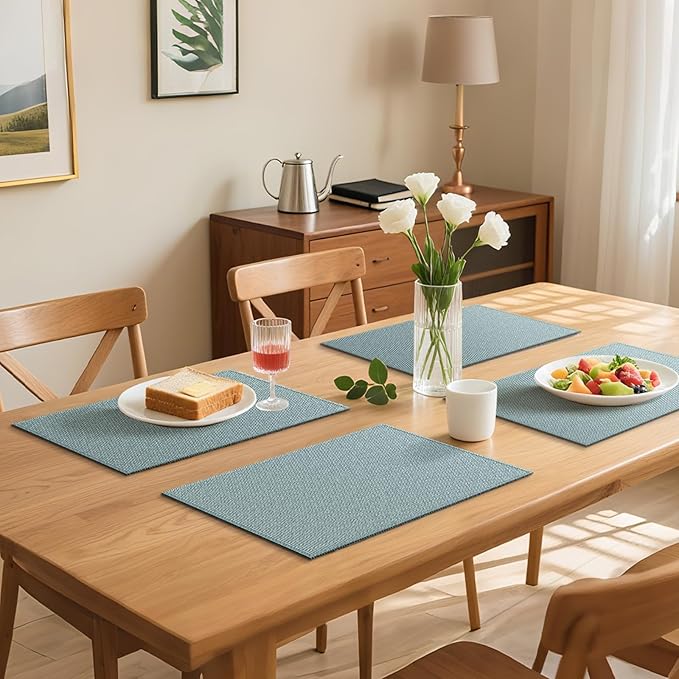 Blue Forest Placemats Set of 6, Dual-Layered Thickened Faux Linen Table Mats Heat Resistant Machine Washable Wrinkle Free Place Mats for Kitchen Dining Outdoor/Indoor (Sky Blue, Set of 6)