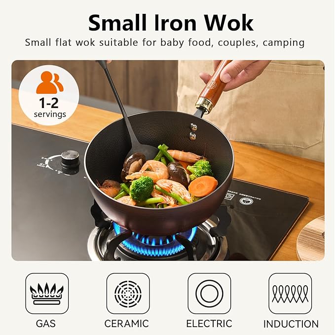 WANGYUANJI 8.7" Flat Bottom Iron Wok ??Small Stir Fry Pan with Wooden Lid, No Coating, Induction Compatible, Ideal for Everyday Cooking