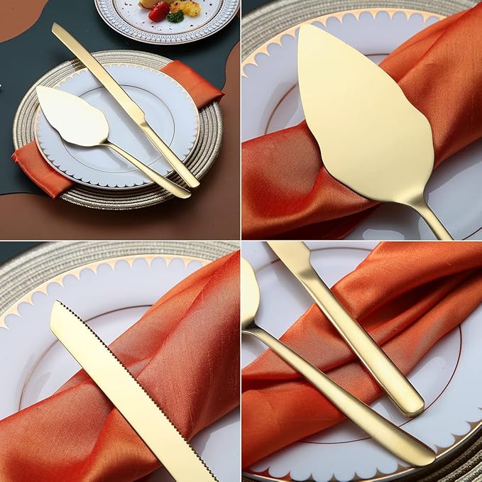 Gold Wedding Cake Knife and Server Set, Stainless Steel Cake Cutting Set, Include Cake Cutter and Cake Server for Parties, Activities, Family, Dishwasher Safe (Shiny Gold)
