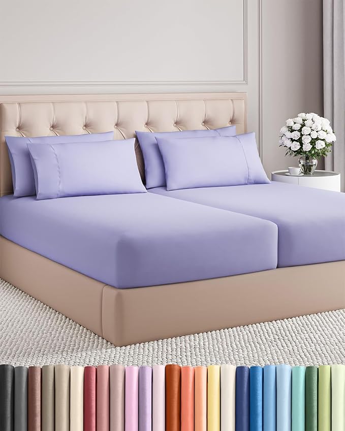 Split King Sheets Set 7 Piece - Includes 4 Pillowcases - Bed Sheets Split King - Soft Hotel Luxury Bedding - Cooling, Comfy & Breathable - 1 Flat & 2 Fitted & 4 Pillowcases w/ Deep Pockets - Lavender