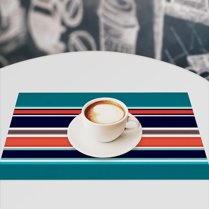 Modern Navy Teal Coral Navy Stripes Placemat, Set of 4 Heat Resistant PVC Place Mats for Kitchen Table
