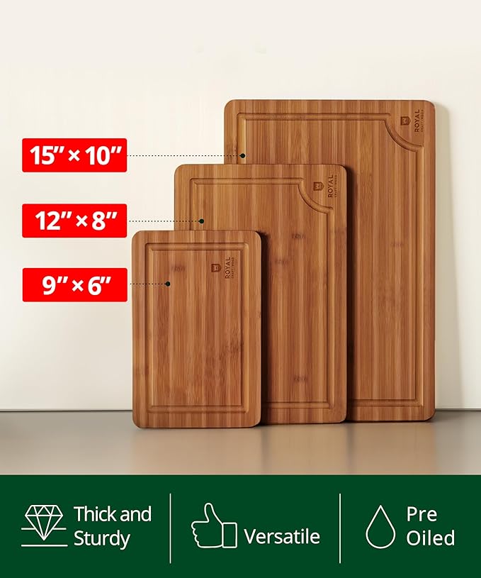 ROYAL CRAFT WOOD Bamboo Cutting Board Set ??3 Durable Wooden Cutting Boards for Kitchen Meal Prep, Charcuterie & Serving ??Chopping & Butcher Block with Juice Grooves ??Gift-Ready Packaging & Wood Wax