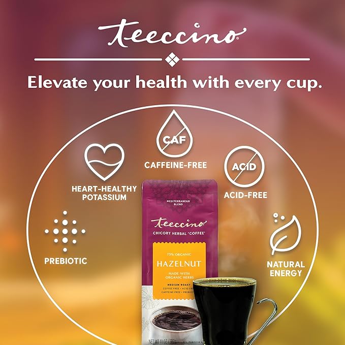 Teeccino Chicory Coffee Alternative - Hazelnut - 11 Ounce - Ground Herbal Coffee That?™s Prebiotic, Caffeine Free & Acid Free, Medium Roast