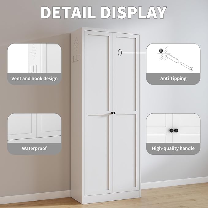 72 inch Tall Kitchen Pantry Cabinet, Metal Food Pantry Cabinet, Pantry Storage Cabinet with 5 Adjustable Shelves and 2 Doors, Utility Cupboard for Kitchen Laundry Living Room Bathroom, White