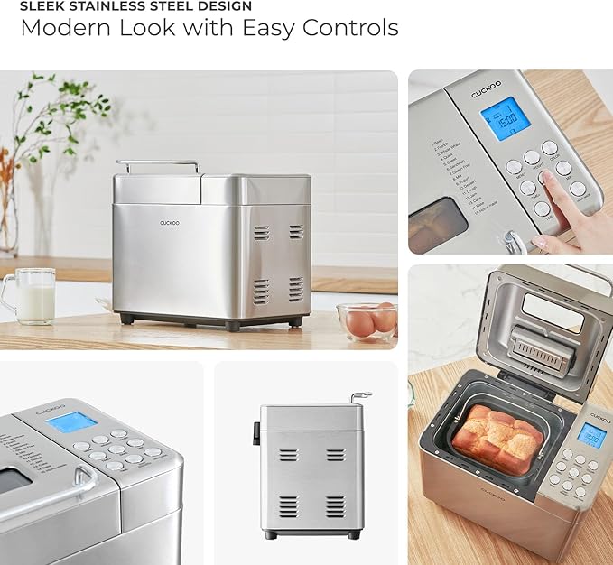CUCKOO Bread Maker Machine with 15 Menu Options + 3 Crust Colors, 2 lbs Bread Machine with Automatic Fruit & Nut Dispenser, Includes 6 Accessories, Ideal Breadmaker for Sourdough (CBM-AAB101S)