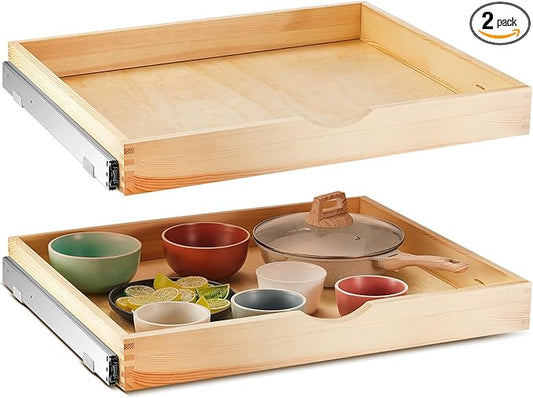 Menkxi 2 Set Pull out Tray Cabinet Organizer Wooden Pull Drawers storage Slide out Pantry Shelf for Base Cabinet Kitchen Gentle Close Fully Assembled Accessories(Wood Color,27'' X 21'' X 3")