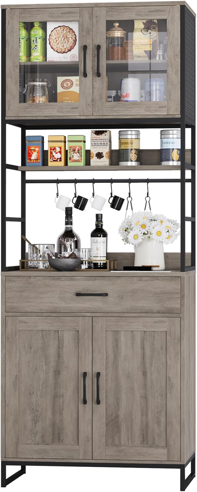 Hutch Cabinet with Storage, 71" H Kitchen Pantry Storage Cabinet with Microwave Stand, Hooks, Drawers for Home Bar, Kitchen, Dining Room, Industrial