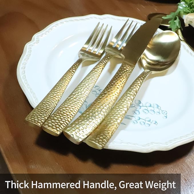 Matte Gold Hammered Flatware Set Stainless Steel Silverware Set 20 Pieces Cutlery Set for Home Kitchen Restaurant Hotel Housewarming Wedding Gift Service for 4