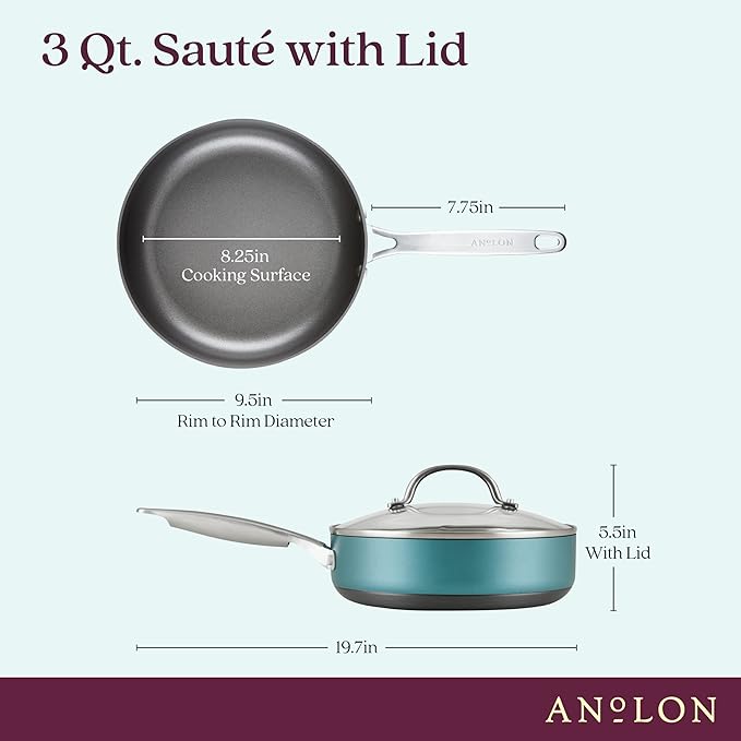 Anolon Achieve Hard Anodized Nonstick Saut챕 Pan with Lid, 3 Quart - Teal