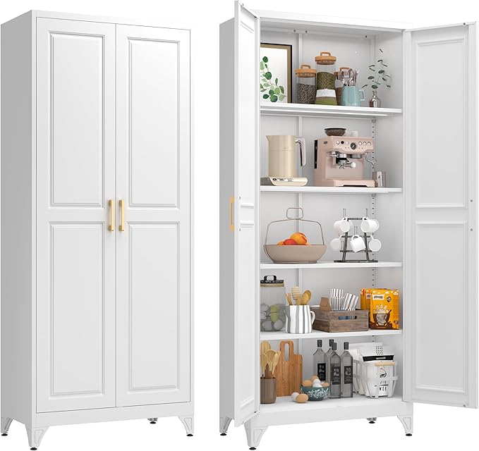 75??Metal Tall Kitchen Pantry Cabinet,Metal Storage Cabinet with Doors and Adjustable Shelves,Modern Kitchen Hutch Cabinets,Freestanding Cupboard for Dining Living Room