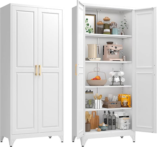 75??Metal Tall Kitchen Pantry Cabinet,Metal Storage Cabinet with Doors and Adjustable Shelves,Modern Kitchen Hutch Cabinets,Freestanding Cupboard for Dining Living Room