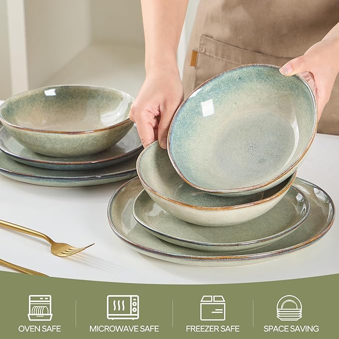 Bestone 12 Pieces Round Kitchen Dinnerware Sets竊똏lates and Bowls Sets,Dishes, Plates, Bowls, Dish Set, Chip Resistant Ceramic Dinnerware Set, Dishwasher/Microwave Safe,Service for 4,Sage green