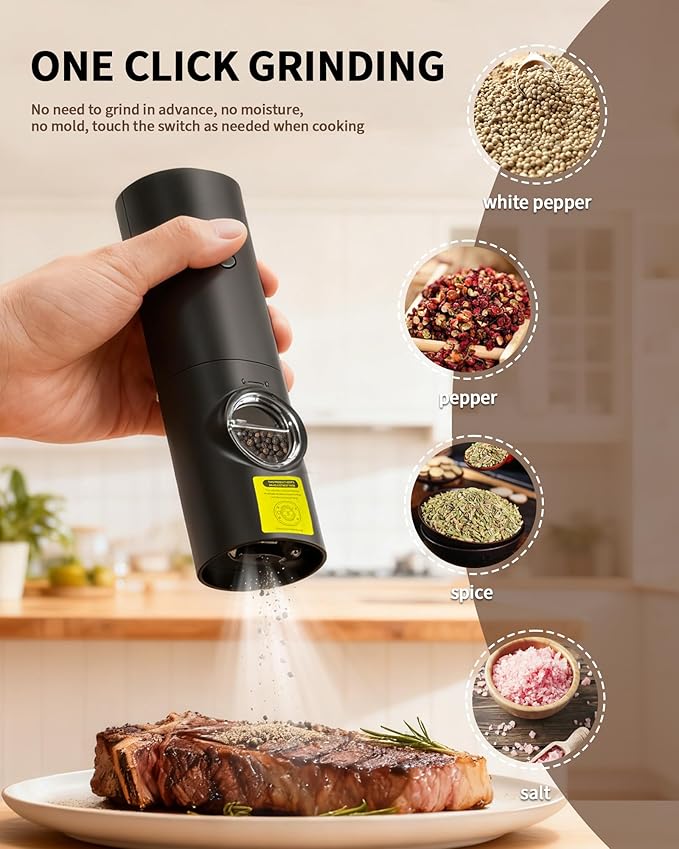 Automatic Salt and Pepper Shakers, Electric Grinder Set with 5 Adjustable Coarseness & LED, Spice Mill One-Hand Operation, Battery Powered, Ideal Gourmet Kitchen Gifts 1 Pack