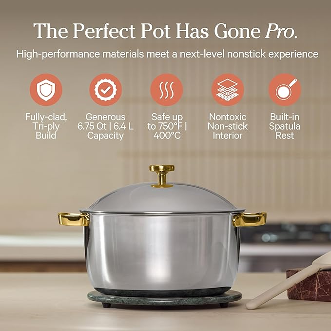Our Place Titanium Perfect Pot Pro | 6.75 Qt Stock Pot with Lid & Silicone Spoon | PFAS-Free Nonstick, Fully-Clad Tri-Ply Stainless Steel & Aluminum | Induction & Oven-Safe up to 750째F | Gold