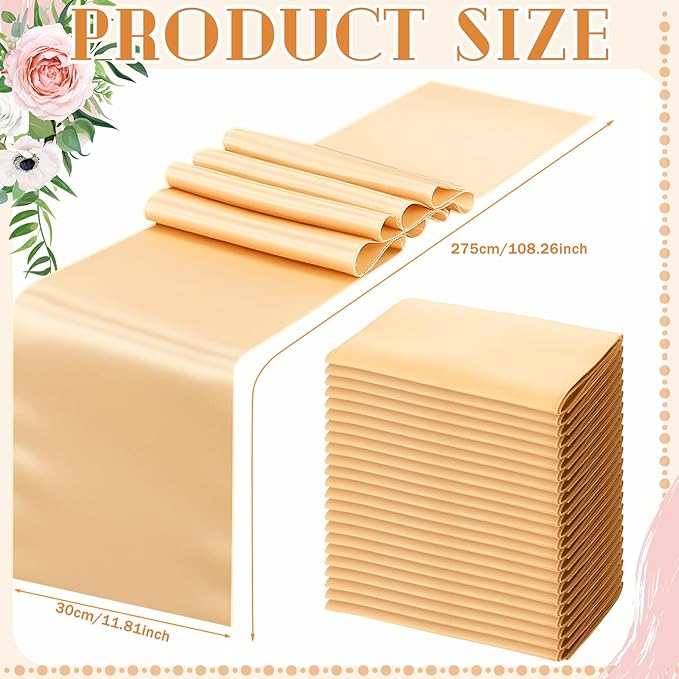 Bencailor 24 Pcs Champagne Satin Table Runner Bulk 12 x 108 Inches Long Table Runners Bright Smooth Fabric Tablecloth for Wedding Banquet Birthday Valentines St Patrick's Day Party Decorations
