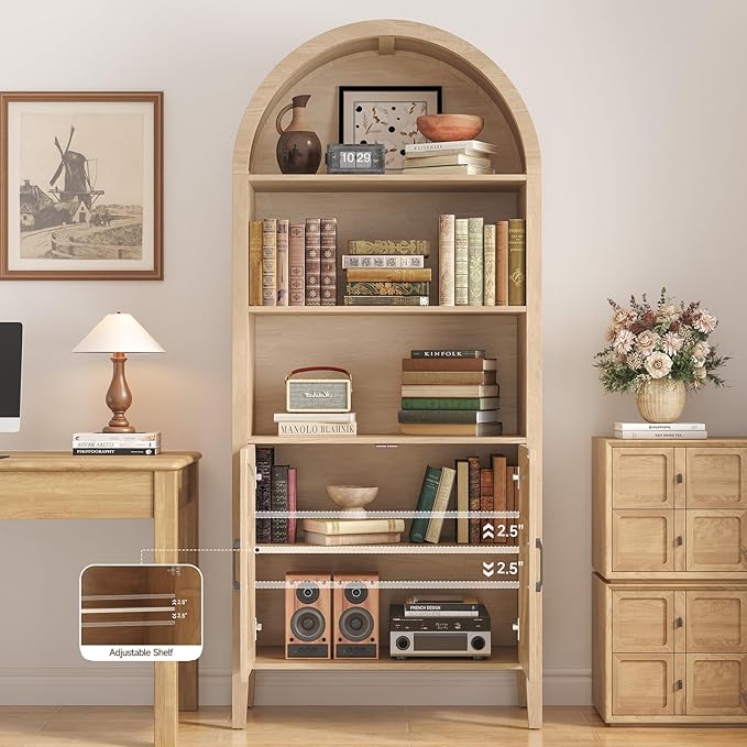 ONBRILL 71" Tall Arched Bookshelf, 5-Tier Arched Bookcase with Door & Storage Cabinet, Farmhouse Display Bookshelf Cabinet with Adjustable Shelf, Freestanding Wood Bookcase for Home Office, Study