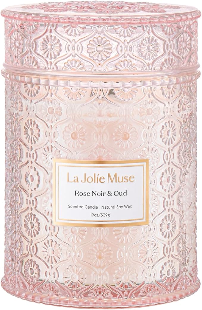 LA JOLIE MUSE Rose Noir & Oud Scented Candle ??Lemon, Rose & Oud | Valentine's Day Candle Gift | 19 oz Large Wooden Wick Candle | Natural Soy Wax | 90 Hours Clean Burn | Elegant Home D챕cor