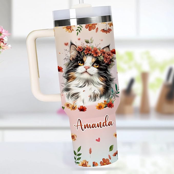 AGGLOMEKC Personalized Cute Cat Cup - Mother's Day Birthday Gift For Animal Lovers - Just A Girl Who Loves Cats Tumbler 40oz With Custom Name - Pet Lover Gifts For Women, Her