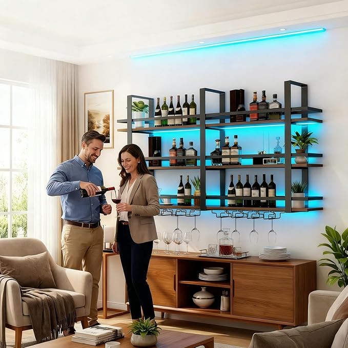 Wall Mounted Wine Rack with LED Light, Metal Liquor Bottles Display Shelf, Floating Shelves Display Storage Organizer, Wall Bar Shelves with Wine Glass Holder for Home Bar Kitchen (black, 55.1in)
