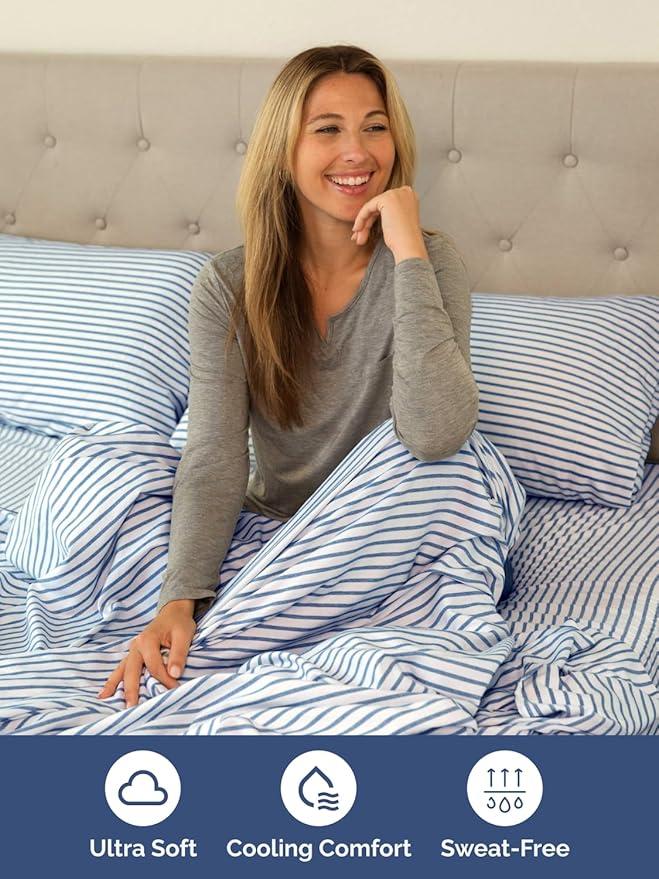Extra Deep Pocket Twin Sheets - 3 Piece Breathable & Cooling Bed Sheets - Hotel Luxury Bed Sheet Set - Soft, Wrinkle Free & Comfy - Easily Fits Extra Deep Mattresses - Deep Pocket Blue Striped Sheets