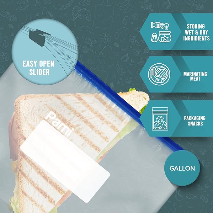 PAMI Slider Gallon Freezer Bags [40 Pack], Leakproof Freshness-Lock Food-Safe Storage with Expandable Bottom