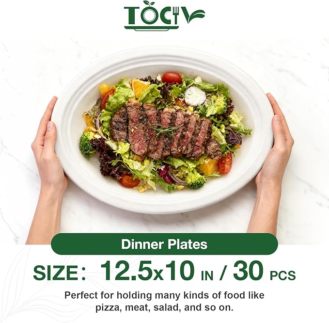 30 Count Compostable Paper Plates Disposable Oval 12.5x10 Inch White