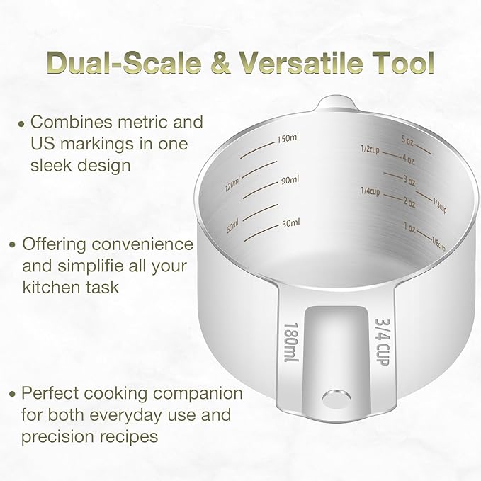 BERYLER 2PCS 3/4Cup (180ml, 6oz) Single Measuring Cup, Etched Inner Scale Stainless Steel Measure Scoop, Metric and US Measurement, Dishwasher Safe