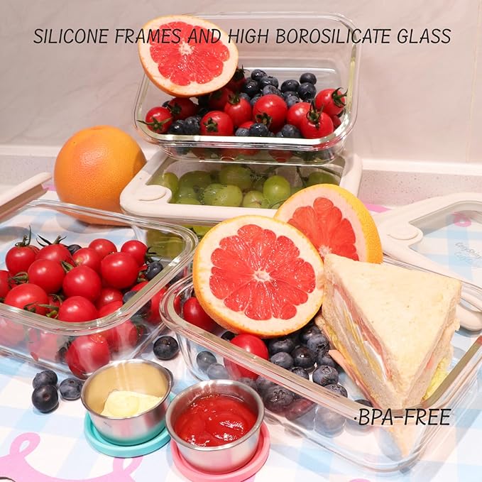 Glass Food Storage Containers with Silicone Glass Lids, 304 Stainless Steel Salad Dressing Containers, Microwave-safe LeakProof Food Containers Set, 100% Plastic Free-4-pack（White）