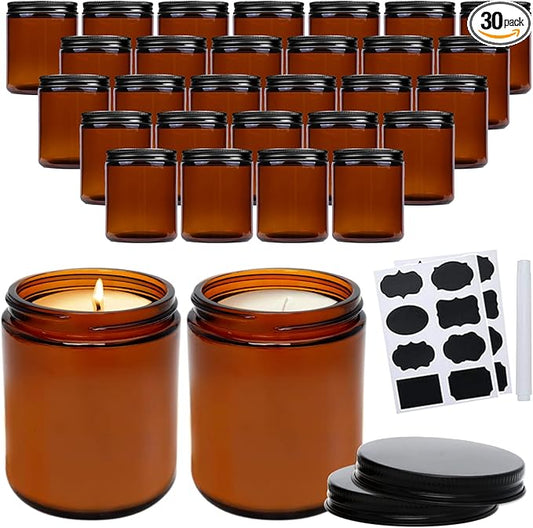 QAPPDA 8oz Amber Candle Jars Set of 30,Round Glass Jars with Black Lids,Empty 250ml Glass Candle Making Jar Bulk Thick Small Food Storage Jar for Spice,Candy,Powder
