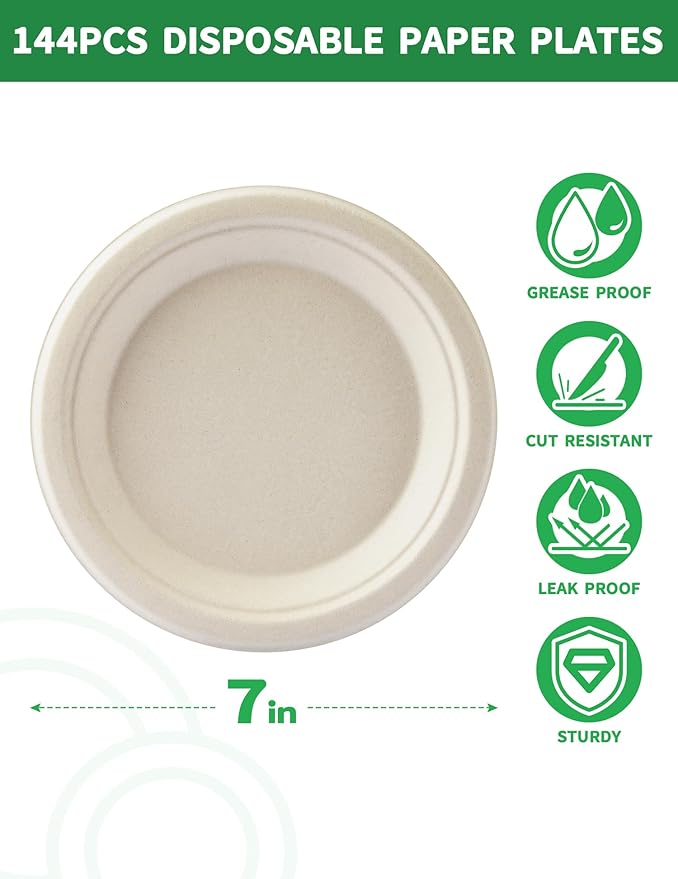 144Pack Disposable Paper Plates 100% Compostable Heavy Duty Paper Plates 7Inch Biodegradable Sugarcane Plate BPI Certified Eco-Friendly Disposable Plate for Desserts, Appetizer, Salad