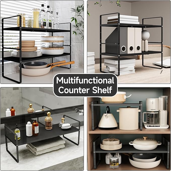 16.5-27?쇺셂 Expandable Kitchen Shelf Organizer, Stackable Shelves Organizer, Adjustable Height Pantry Spice Rack for Cabinet, Countertop, Pantry and Cupboard, Black