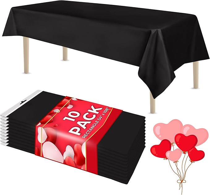 LEMON + Co. Black Rectangle Table Cover Disposable Plastic Tablecloth 54 Inch. x 108 Inch. Premium Decorative Rectangle Table Cover 10 Pack