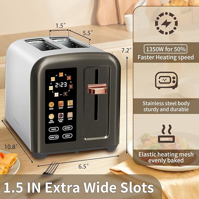 SEEDEEM Toaster 2 Slice, Full Touch Control Stainless Toaster, LCD Display, 50% Faster Heating Speed, 6 Bread Type, 7 Shade Setting, 1.5''Wide Slots, Removable Crumb Tray, 1350W, Dark Metallic