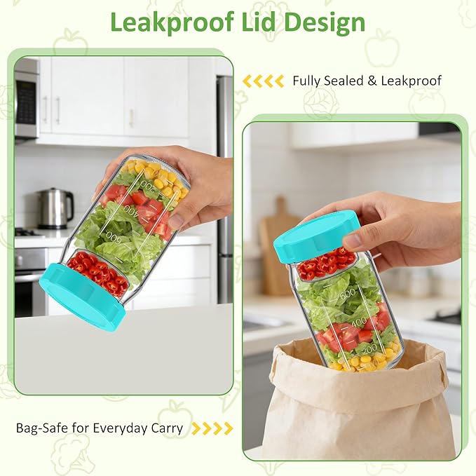 4Pack Glass Salad Jars with Lids, 32oz Salads Mason Jars with Wet/Dry Separation Cup, Meal Prep Salad Containers for Lunch, Leakproof Wide Mouth Food Storage Containers, BPA-Free Reusable (Mint Green)