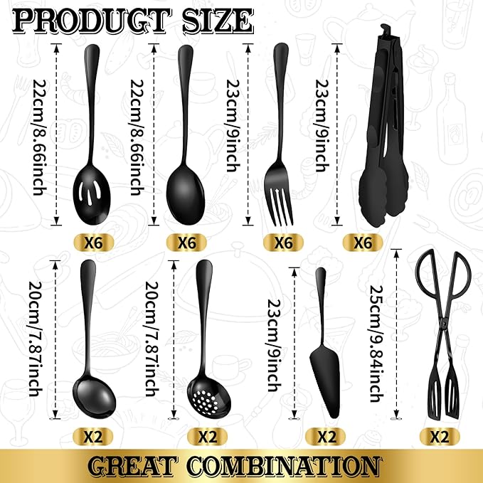 32Pcs Serving Utensils Set Serving Spoons, Buffet Tongs, Cake Spatula, Forks, Perforated Ladles, Soup Scoops, Skimmers and Black Heavy-Duty Serving Tongs (Black)