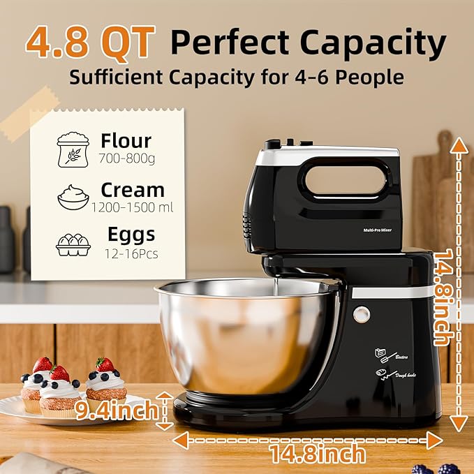 Stand Mixer Hand Mixer Electric Kitchen - Automatic 4.8 QT Auto-Rotating Bowl & Beater Standing Mixer, Tilt-Head 5-Speed Household Mixer with Beaters & Dough Hooks for Baking, Black